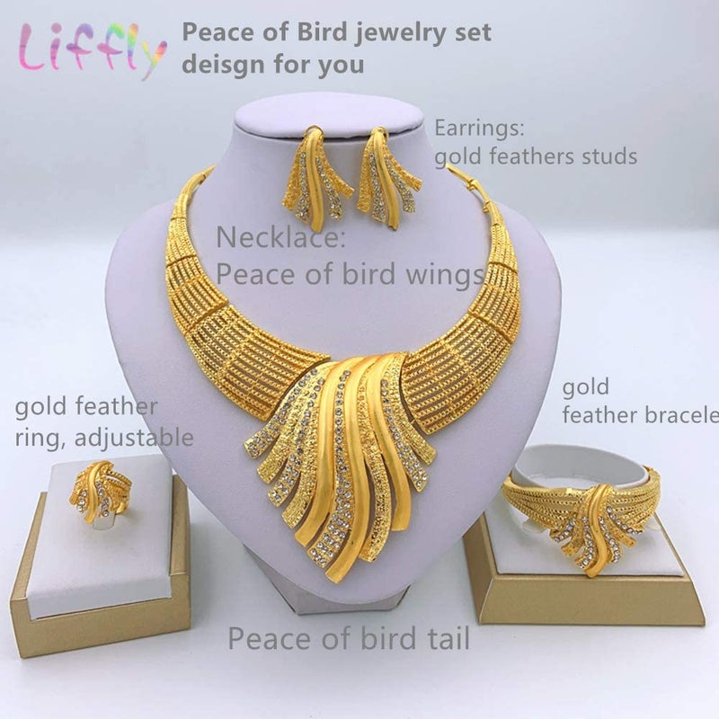 LIFFLY Pakistani Jewelry for Women Fashion Golden Costume Jewelry for Women Necklaces Gold Earrings Bracelet Ring for Brides Bridesmaid Mother on Wedding - Image 2